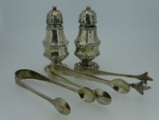 VARIOUS SILVER comprising a pair of baluster form pepper pots, Chester 1906 and three pairs of sugar