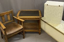 ASSORTED FURNITURE - coffee table with glass top and cane lower shelf, 56cms H, 68cms W, 56cms D,