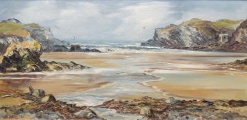 JILL MICKLE oil on board - Anglesey beach, signed '83, 22 x 45cms