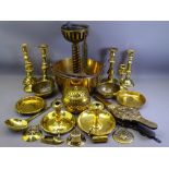 BRASSWARE - candlesticks, horse brasses, a swing-handled jam pan, bellows ETC