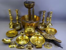 BRASSWARE - candlesticks, horse brasses, a swing-handled jam pan, bellows ETC