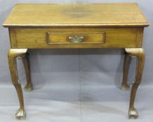 VINTAGE OAK LOWBOY with moulded edge rectangular top, single frieze drawer on carved knee and shaped