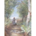 ELLEN VERNON mixed media - two females with a dog walking along a path, signed, 75 x 50