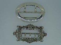 SILVER LARGE BELT BUCKLES (2), one ornate scrolls and garlands pattern, London 1894 by William