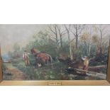 H L CHAPMAN (2) oil on canvas - 'Clearing the timber' and boat on a river with cottage and church on