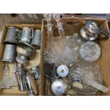PEWTER TANKARDS including With Nude Handle, EPNS items including cocktail shaker and glass decanters