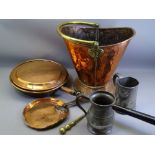 COPPER COAL SCUTTLE, long-handled warming pan, two large pewter tankards ETC