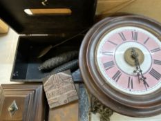 POSTMAN'S ALARM with weights and pendulum, treen boxes, printer's stamp ETC