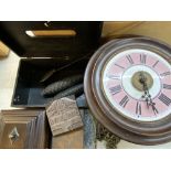 POSTMAN'S ALARM with weights and pendulum, treen boxes, printer's stamp ETC