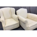 VINTAGE ARMCHAIRS (2) Calico covered on bun feet, one wingback and one other