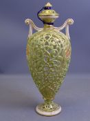 ROYAL WORCESTER RETICULATED TWIN-HANDLE LIDDED VASE (A/F), 23cms tall