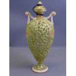 ROYAL WORCESTER RETICULATED TWIN-HANDLE LIDDED VASE (A/F), 23cms tall