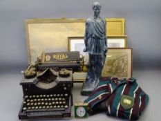 COMPOSITION FIGURE, 57cms H, vintage school blazer, a Royal Standard typewriter, an old fancy mantel