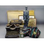 COMPOSITION FIGURE, 57cms H, vintage school blazer, a Royal Standard typewriter, an old fancy mantel