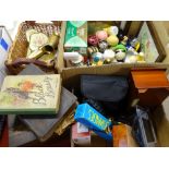 TREEN WORK BOX, old Welsh bible, ornamental brassware, a collection of novelty egg timers and a