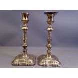 PAIR OF CANDLEHOLDERS WITH SQUARE BASES, Sheffield 1938, 24cms H