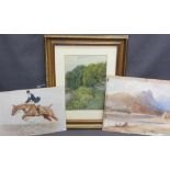 CECIL ALDIN unframed print - Equestrian scene, 24 x 34cms, unsigned mountain scene with small boat