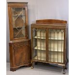 CIRCA 1930 MAHOGANY TWO DOOR CHINA DISPLAY CABINET and a modern glass top corner display cabinet,