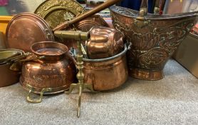 BRASS GOFFERING IRON, good copper pans and similar and a fine helmet coal scuttle