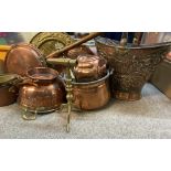 BRASS GOFFERING IRON, good copper pans and similar and a fine helmet coal scuttle