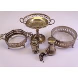 SMALL SILVER - six items to include a pedestal sweetmeat stand with pierced border, 10cms H, two