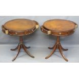 REPRODUCTION MAHOGANY DRUM TYPE OCCASIONAL TABLES, a pair, circular cross-banded tops having two