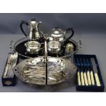 EPNS - four piece tea service, galleried tray, a quantity of flatware, a swing-handled basket ETC