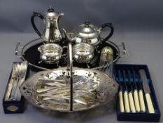 EPNS - four piece tea service, galleried tray, a quantity of flatware, a swing-handled basket ETC
