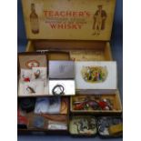 TEACHER'S VINTAGE WHISKEY BOX and a quantity of fishing flies and similar items