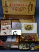 TEACHER'S VINTAGE WHISKEY BOX and a quantity of fishing flies and similar items