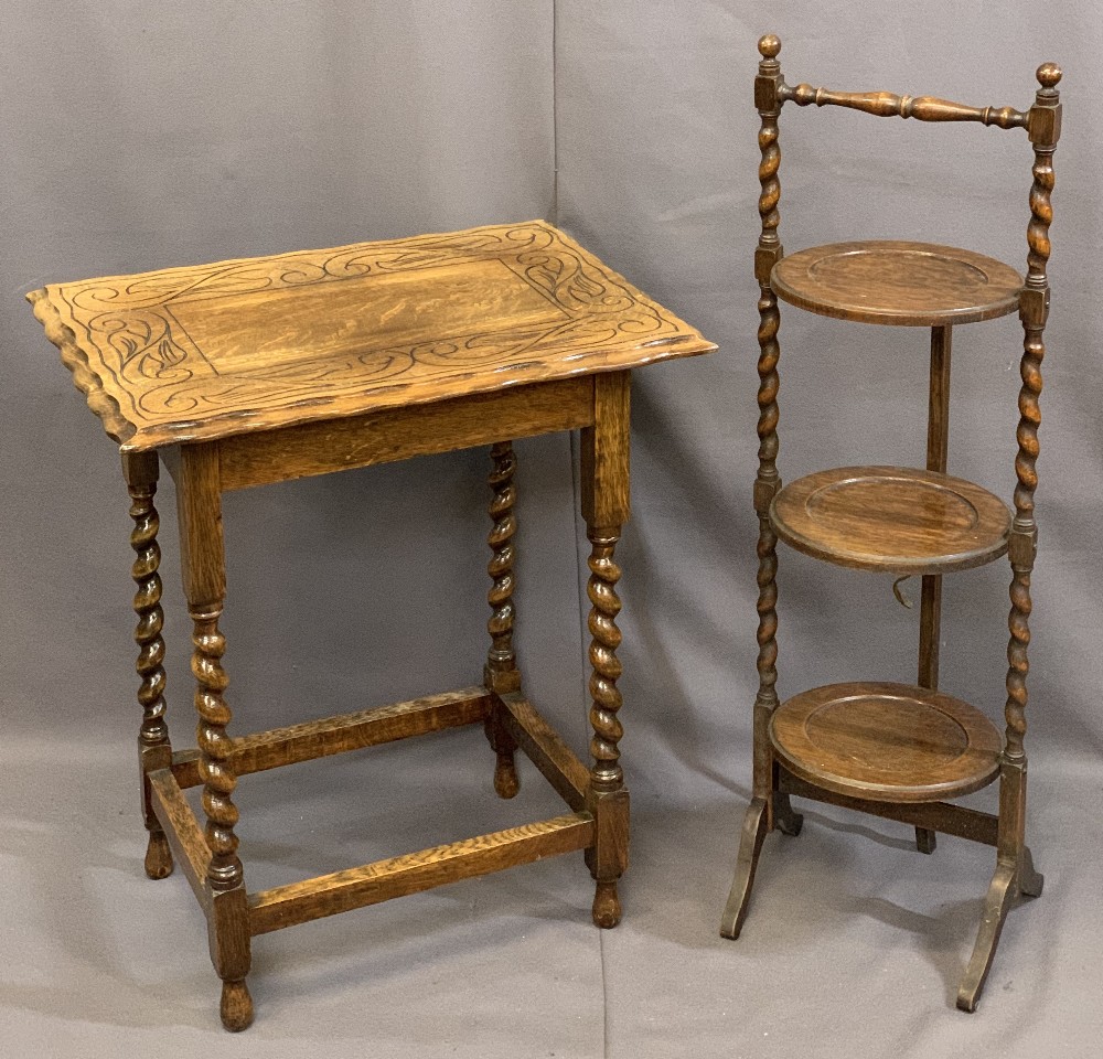 OAK BARLEY TWIST OCCASIONAL FURNITURE ITEMS (2) including a piecrust top side table with carved