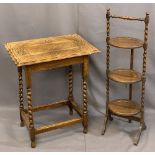 OAK BARLEY TWIST OCCASIONAL FURNITURE ITEMS (2) including a piecrust top side table with carved