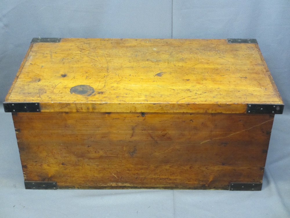 ANTIQUE PINE LIDDED STORAGE BOX with iron carry handles and corner straps, 48cms H, 110cms W, - Image 2 of 4