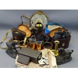 COPPER & BRASSWARE, vintage field glasses, a pair of Spelter horses, haberdashery items ETC