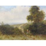 WAINE oil on canvas - rural scene with figures at stile, signed, 29 x 18cms