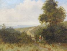 WAINE oil on canvas - rural scene with figures at stile, signed, 29 x 18cms