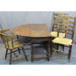 ANTIQUE OAK GATE-LEG DINING TABLE, two ladderback chairs, string seated and a modern smoker's bow
