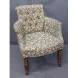 VINTAGE BUTTON UPHOLSTERED BEDROOM ARMCHAIR, floral upholstered on turned oak front supports with