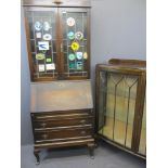 VINTAGE OAK BUREAU BOOKCASE and a walnut two door china display cabinet, 200cms H, 77cms max W,