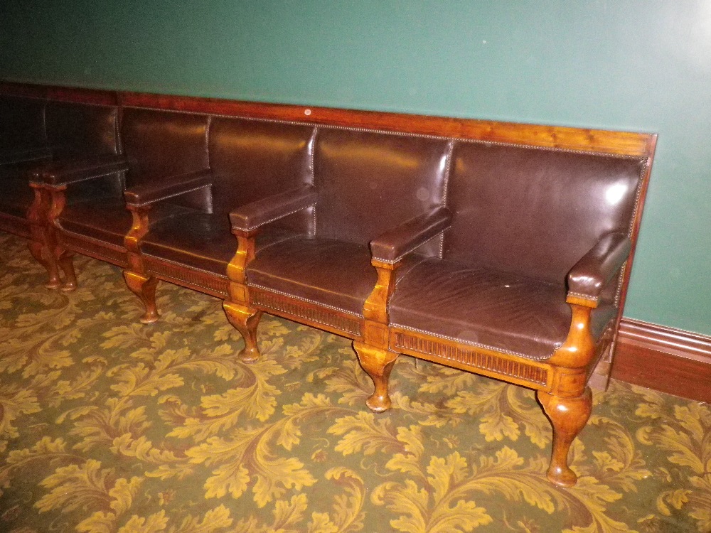 EXCELLENT PAIR OF WALNUT FOUR SEAT CLUB BENCHES with button edged leather effect upholstery having - Image 5 of 5