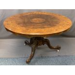 VICTORIAN INLAID BURR WALNUT CIRCULAR BREAKFAST TABLE on a turned column and tripod carved