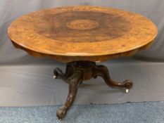 VICTORIAN INLAID BURR WALNUT CIRCULAR BREAKFAST TABLE on a turned column and tripod carved