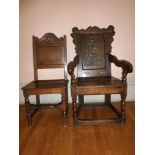 WAINSCOT TYPE CARVED OAK ARMCHAIR CIRCA 1760 and a later single oak side chair with carved crest