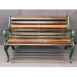 WOODEN SLATTED GARDEN BENCH with decorative cast iron ends, 77cms H, 126cms W, 40cms seat depth