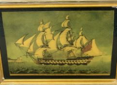 ANTIQUE STYLE PRINT - His Majesty's Ship Vengeance, Seventy Four Guns', reverse glass painted style,