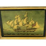 ANTIQUE STYLE PRINT - His Majesty's Ship Vengeance, Seventy Four Guns', reverse glass painted style,
