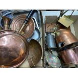 BRASS SCALES, COPPER FOOD WARMER, warming pan, pewter and a quantity of similar items