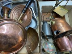 BRASS SCALES, COPPER FOOD WARMER, warming pan, pewter and a quantity of similar items