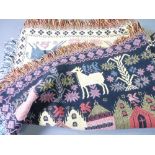 TRADITIONAL WOOLLEN BLANKET with various scenes and tasselled ends, approximately 167 x 130cms