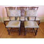 ANTIQUE MAHOGANY & BARLEY TWIST OAK HALL/SALON CHAIRS, (3 + 2), the mahogany examples Chippendale